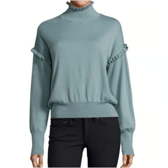 Rebecca Taylor Size XS Blue Mock Ruffle Neck Long Sleeve Merino Wool Sweater - Picture 2 of 9